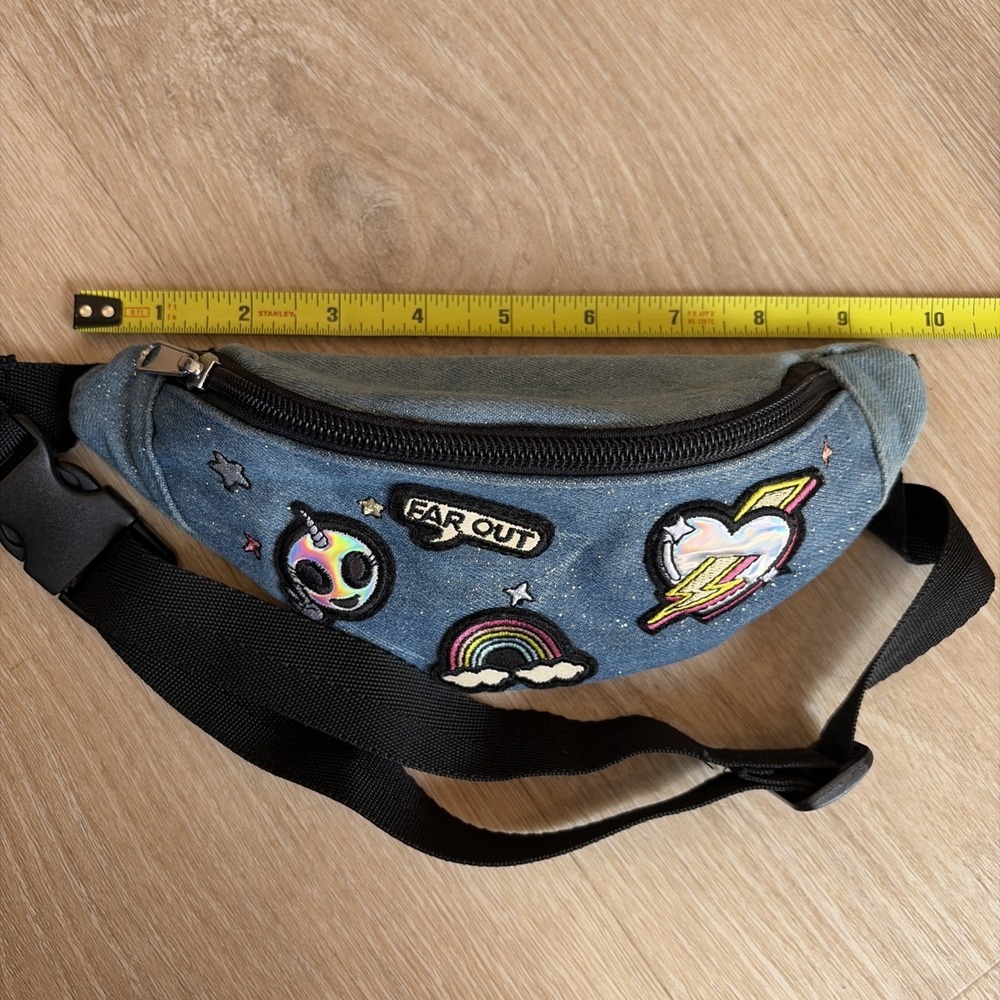 Y2K Denim Fanny Pack Alien Rainbow Waist Bag Festival Kawaii Belt Bag Patches - Picture 8 of 12